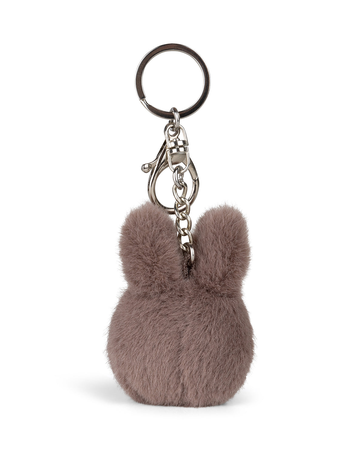 A fluffy bunny keychain with silver hardware.