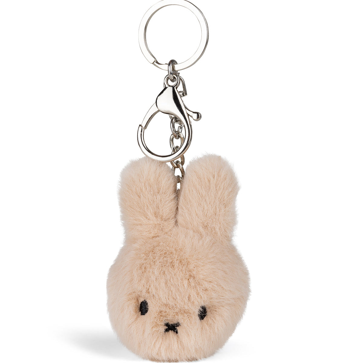 Tan, fluffy bunny keychain with silver metal ring and clip.