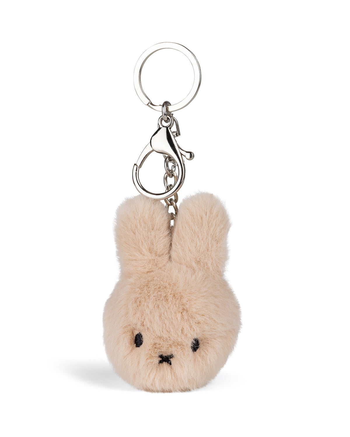 Tan, fluffy bunny keychain with silver metal ring and clip.