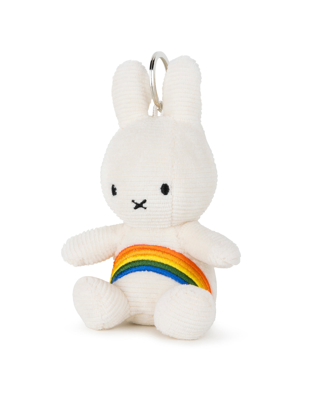 White corduroy Miffy plush toy with rainbow.