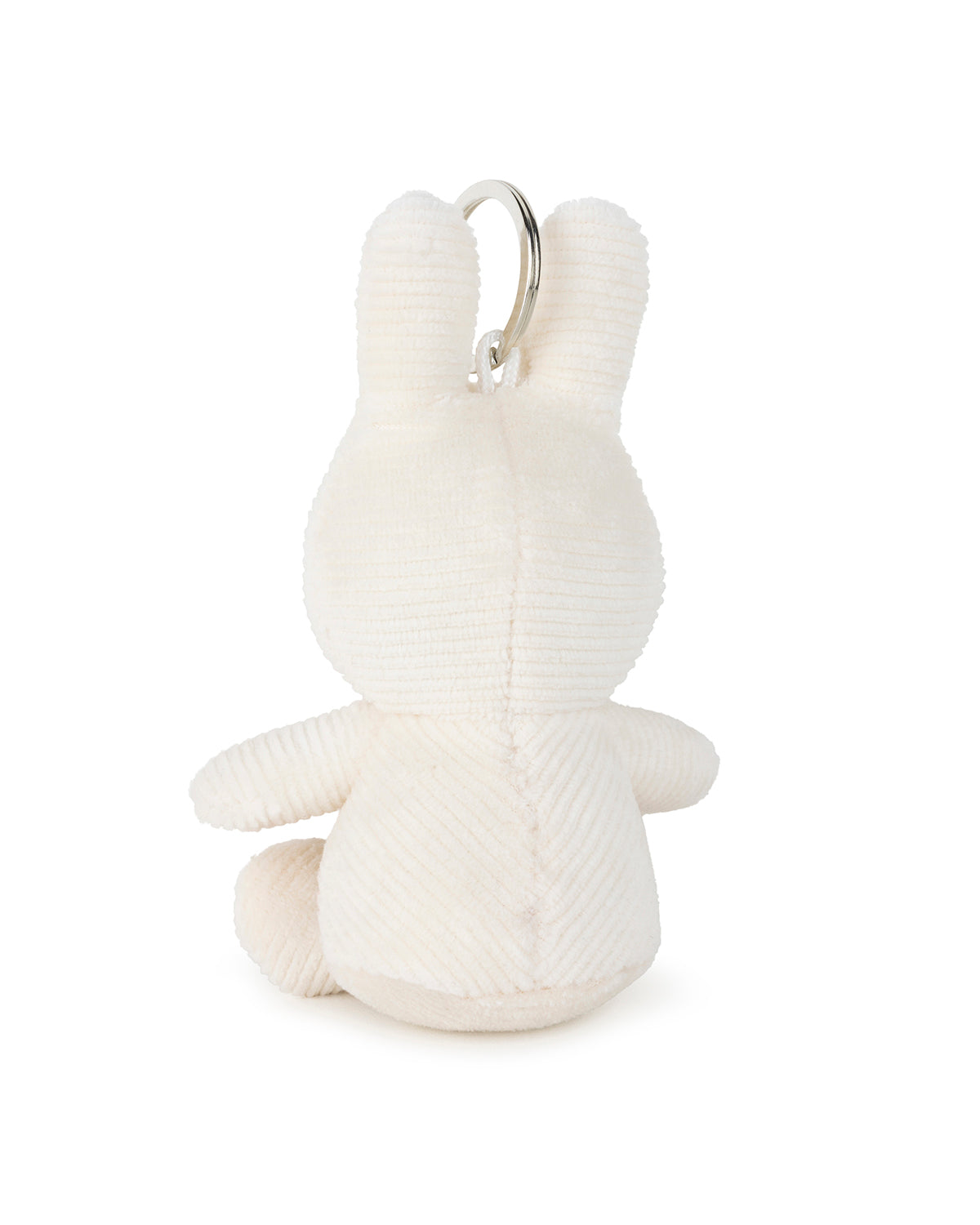 Back of a plush, white bunny keychain.
