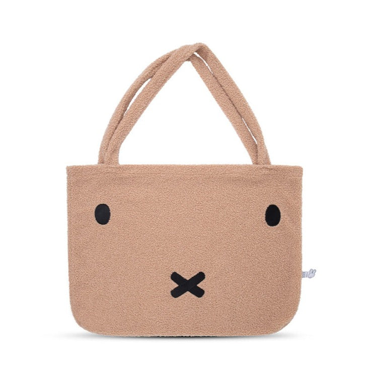 Tan plush Miffy tote bag with stitched features.