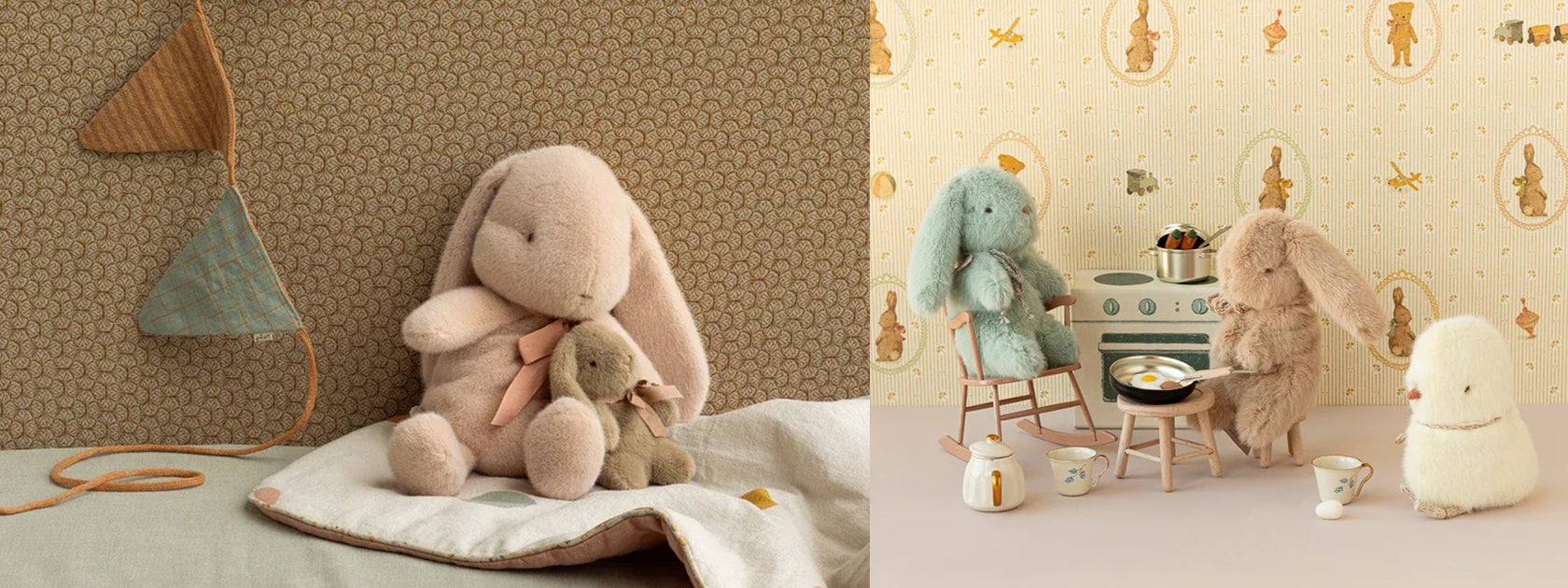 Plush bunny toys in cozy settings, with one cuddling a smaller bunny and others playing in a toy kitchen scene.
