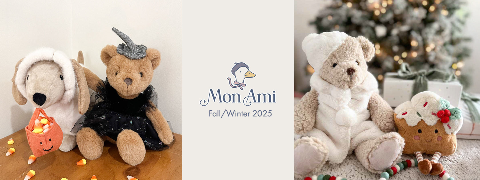 Mon Ami Fall/Winter 2025 plush collection featuring Halloween-themed dog and bear, and Christmas bear with gingerbread plush.