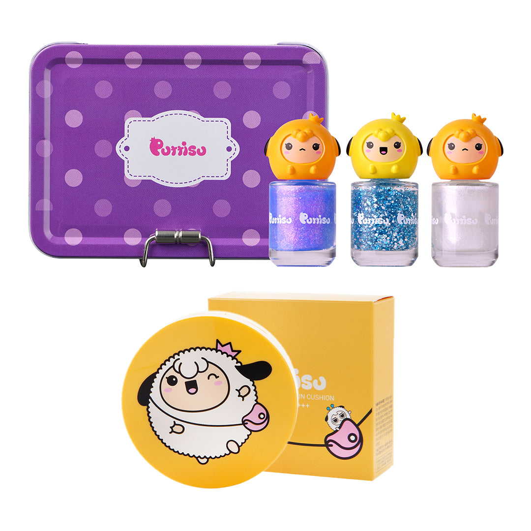 Cosmetic product set: purple tin box, three nail polish bottles with character toppers, and cushion compact with box.