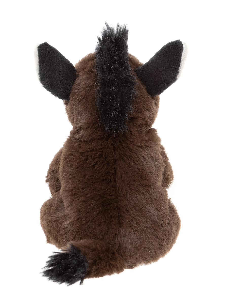 Plush toy of a brown creature with black accents on a white background