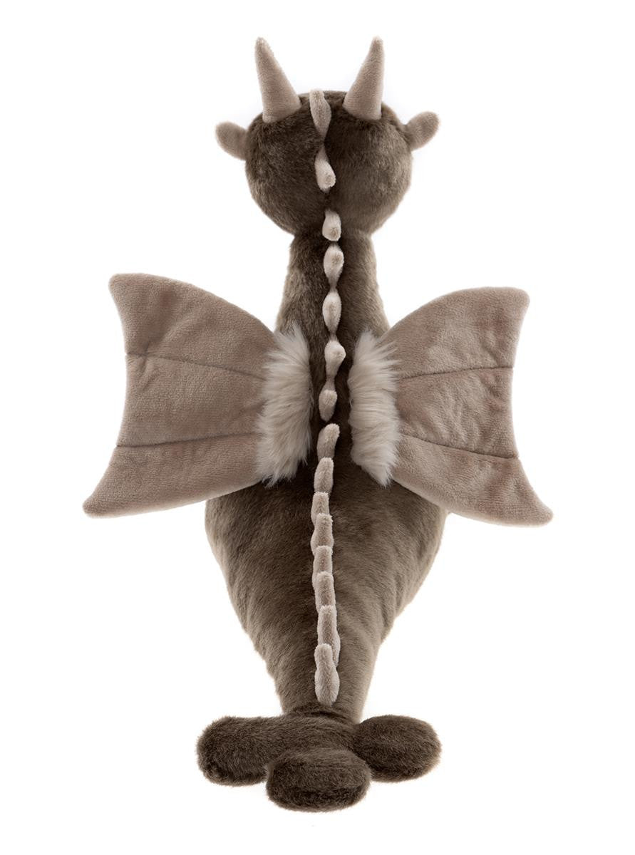 Plush dragon toy with brown and gray color scheme on a white background