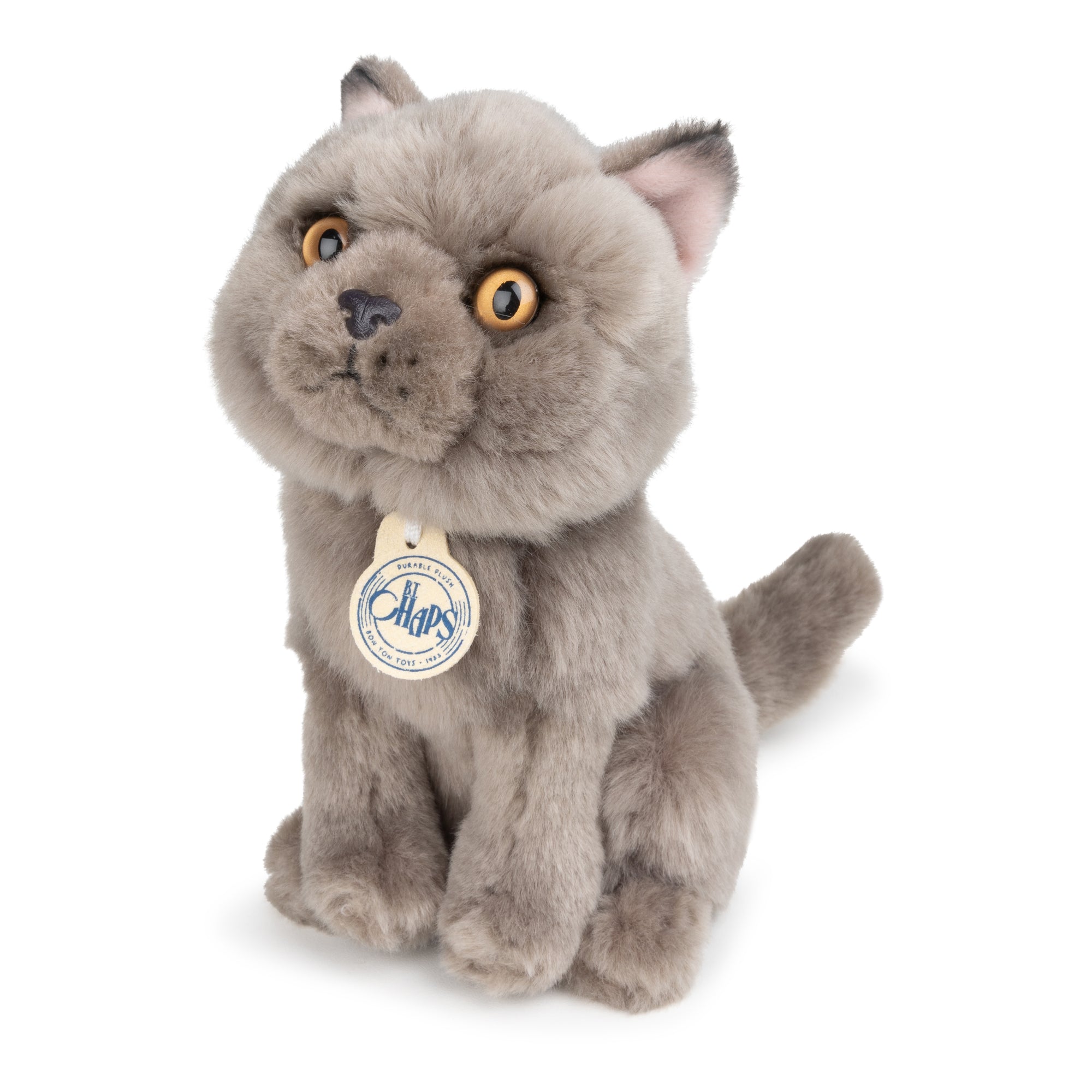 Gray plush cat toy sitting.