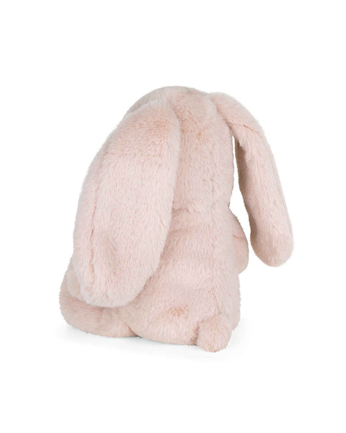 Rear view of a pink plush bunny.