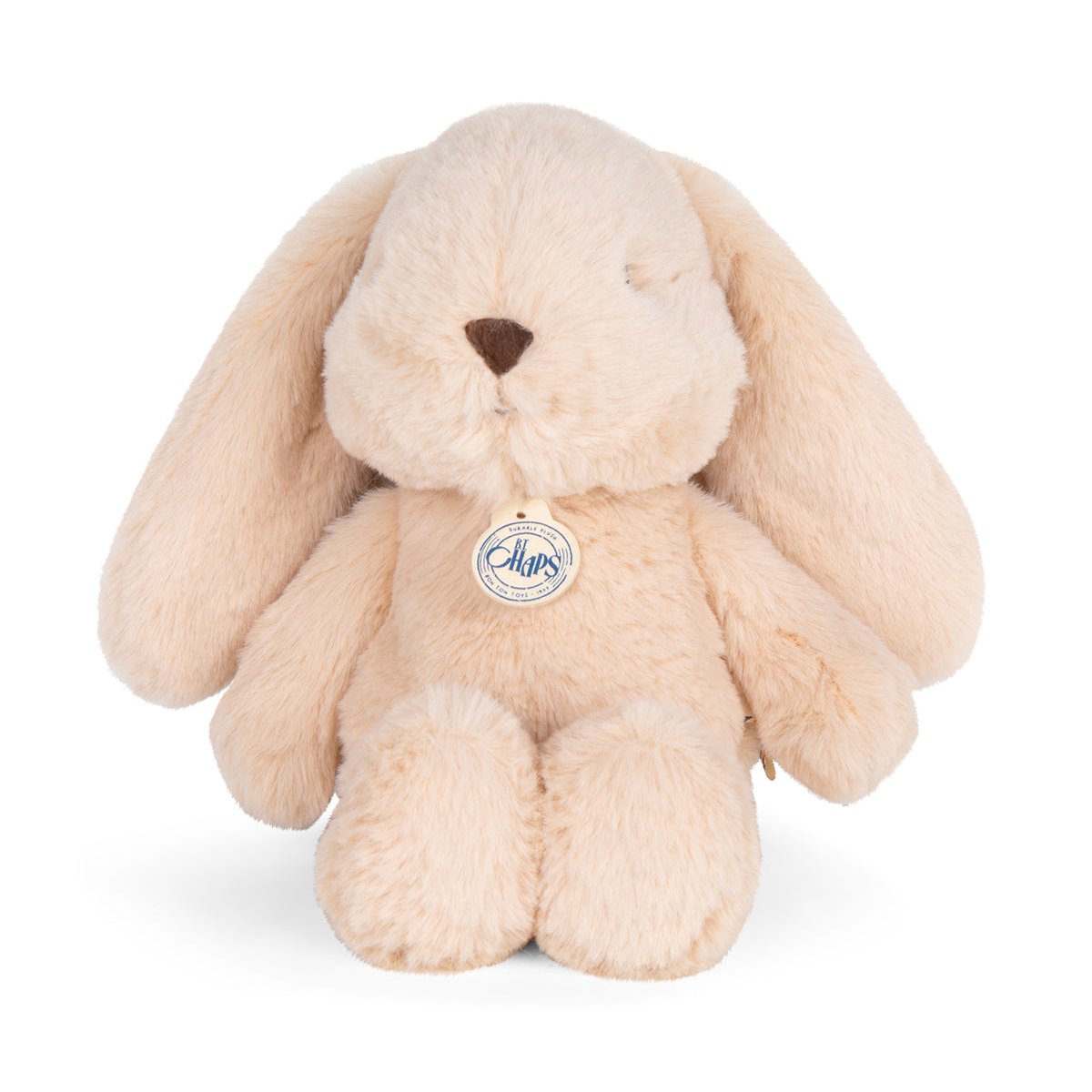 Tan stuffed bunny with a blue tag.