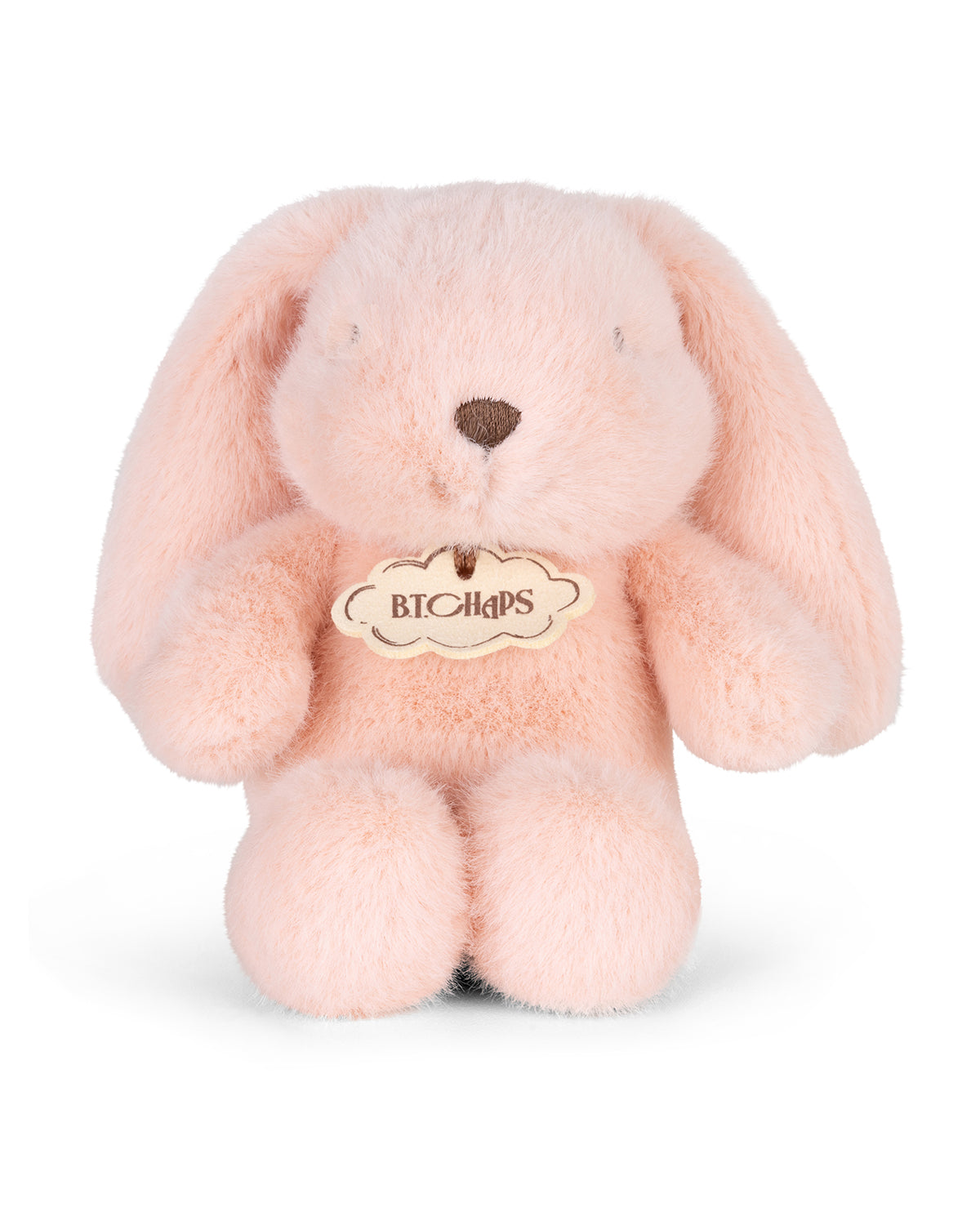 Pink plush bunny toy with a visible brand label on a white background