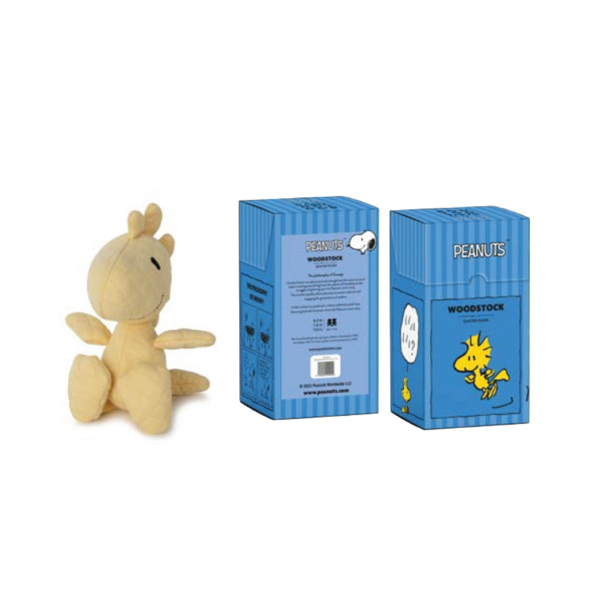 Plush Woodstock toy next to two blue Woodstock Peanuts gift boxes.