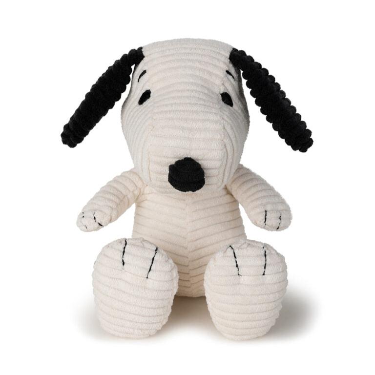 Stuffed corduroy Snoopy toy, seated, white and black.