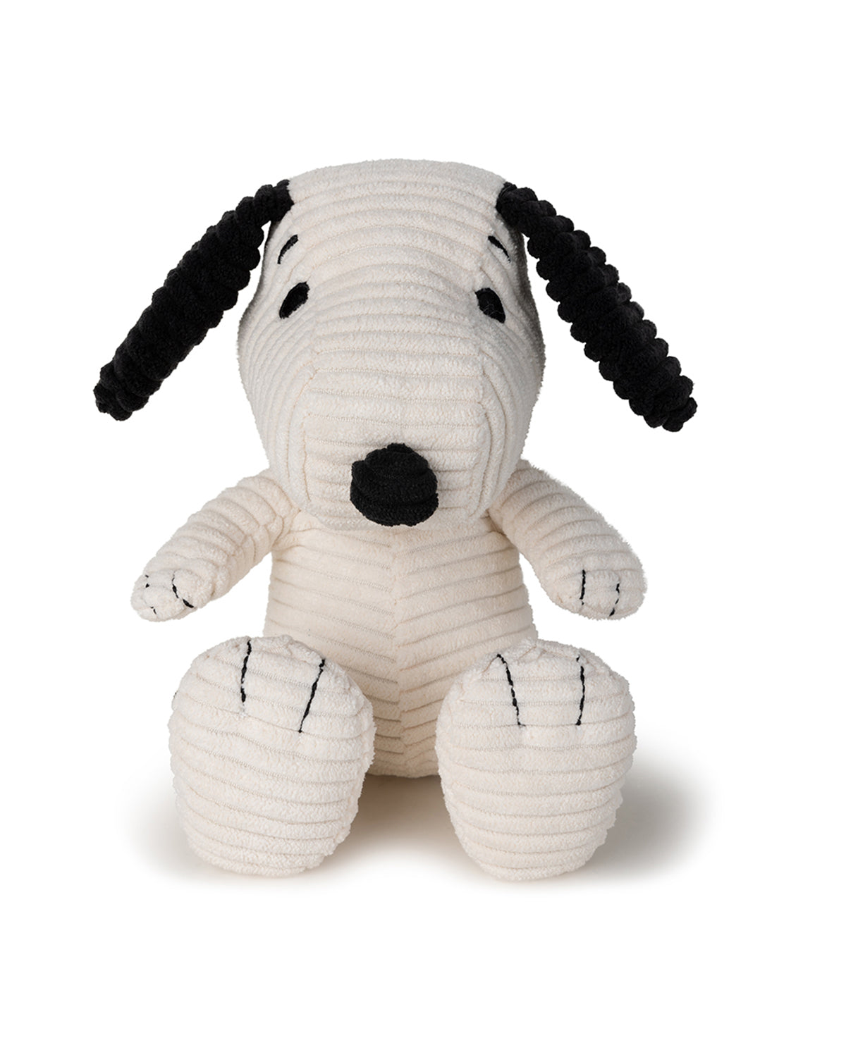 Stuffed Snoopy toy made of cream corduroy with black accents.