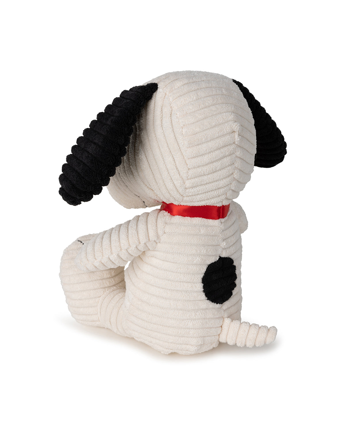 Corduroy stuffed Snoopy toy, red collar, black ears and spot.
