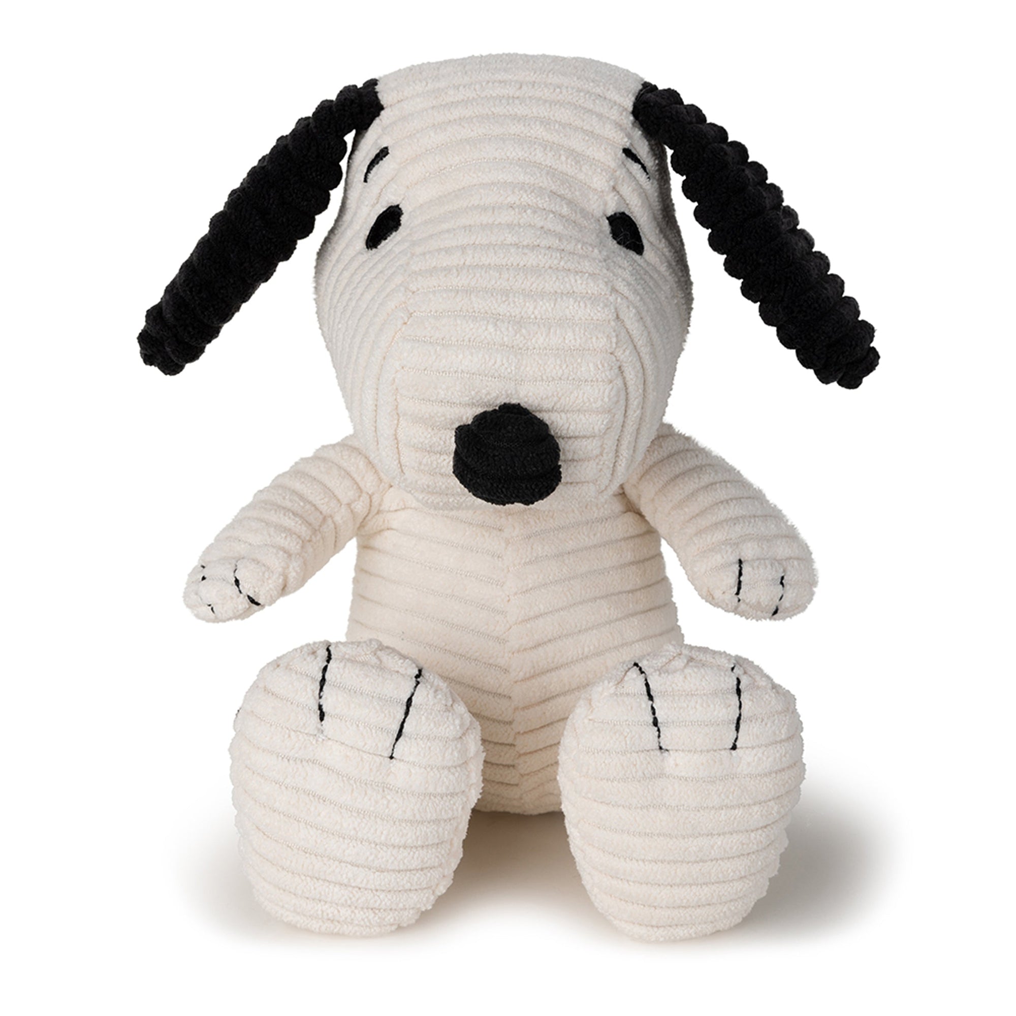 Stuffed corduroy Snoopy toy sitting upright.