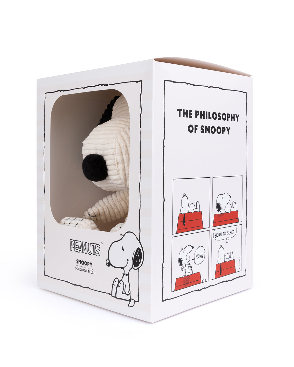 White product box featuring Snoopy cartoon panels and a plush corduroy Snoopy toy visible through a cutout.