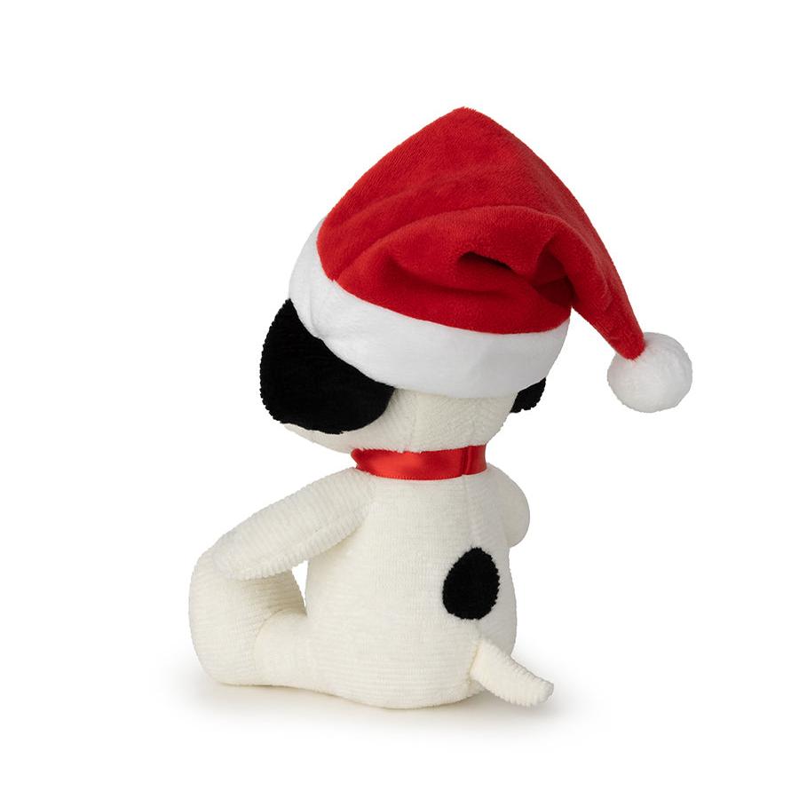 White plush Snoopy toy wearing a red and white Santa hat and a red collar, side view.