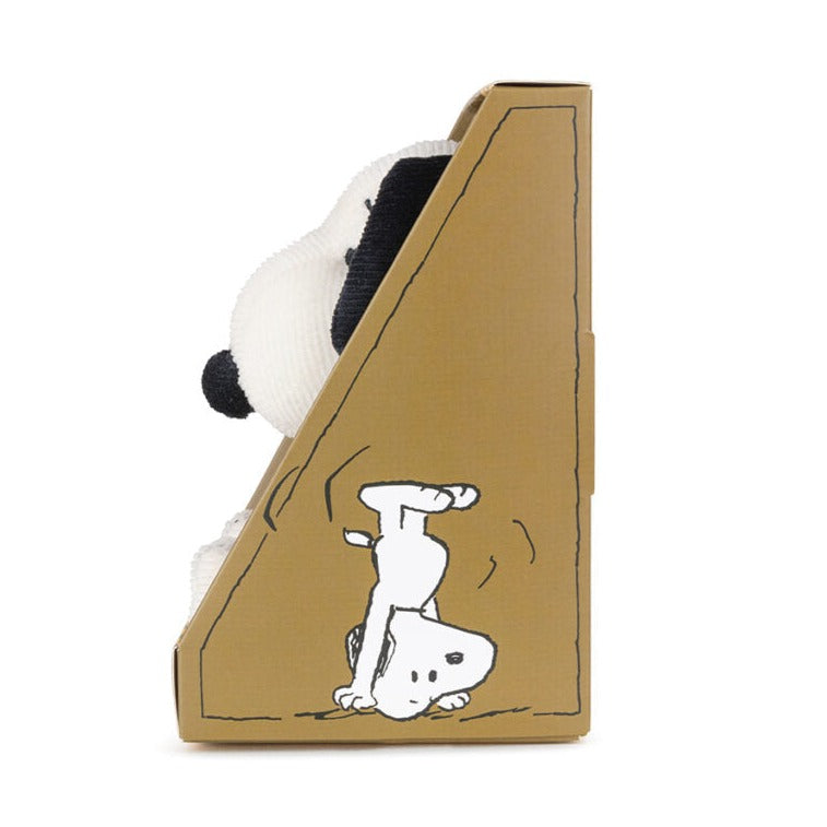 Snoopy plush toy in box, Snoopy doing a headstand on box.