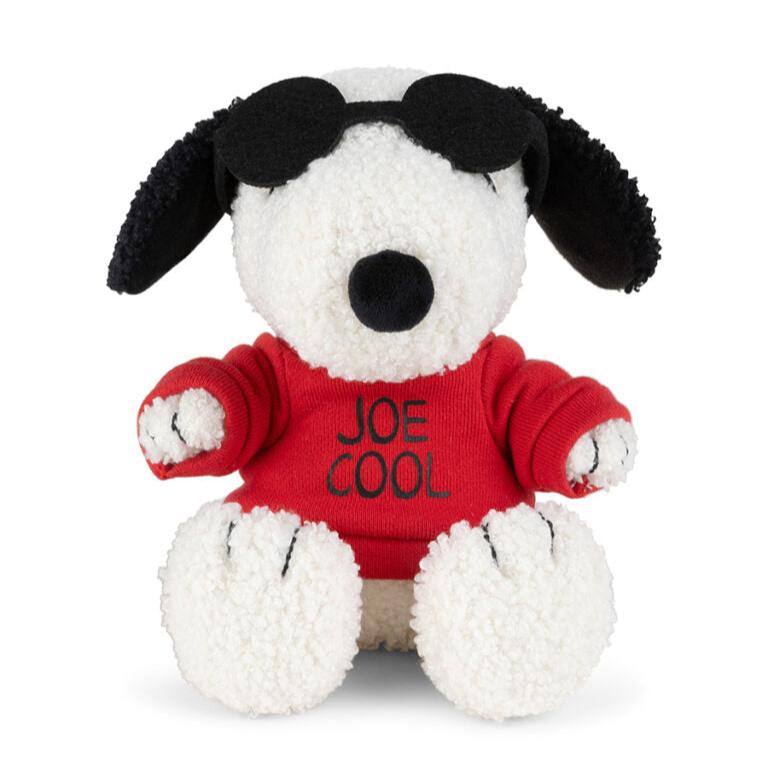 Stuffed Snoopy dog toy in red "Joe Cool" sweater, sunglasses, sitting.