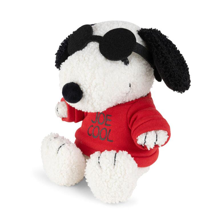 Stuffed white Snoopy dog in red "Joe Cool" sweater, wearing sunglasses.