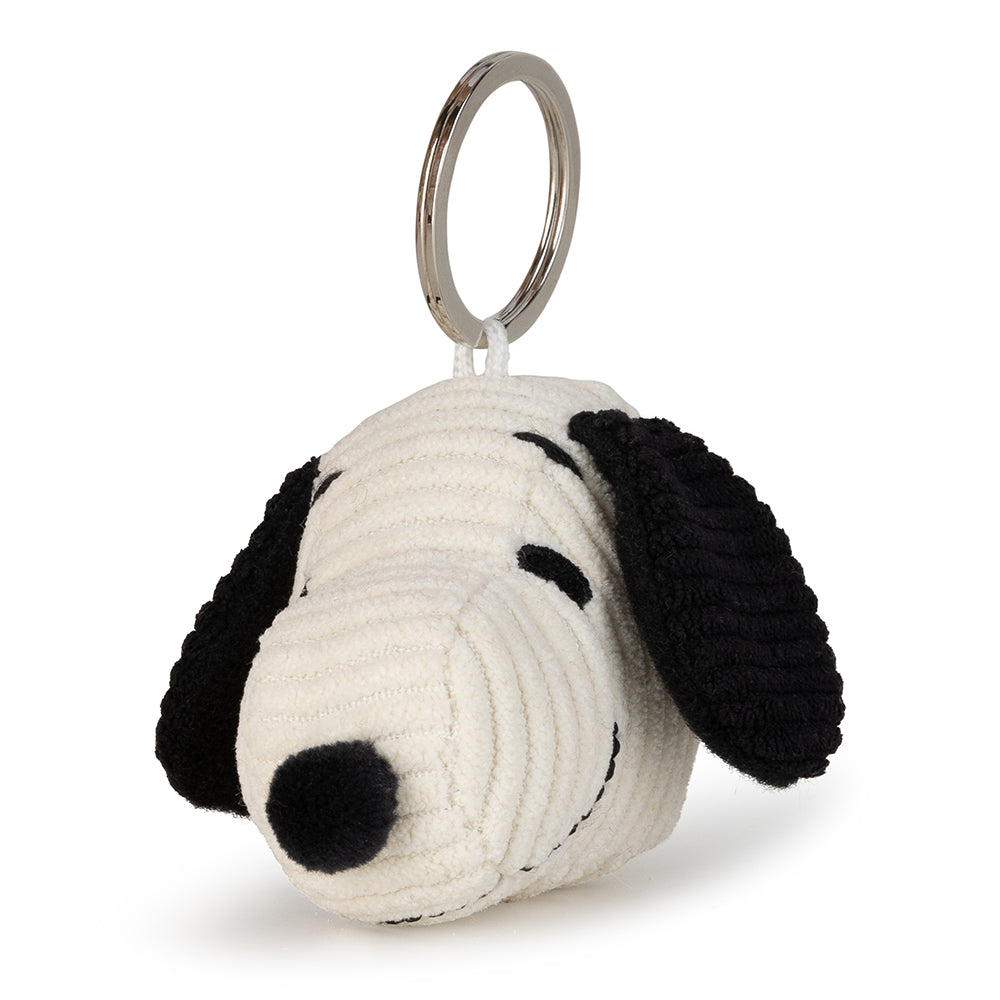 Stuffed Snoopy head keychain. Cream-colored corduroy with black accents and silver keyring.