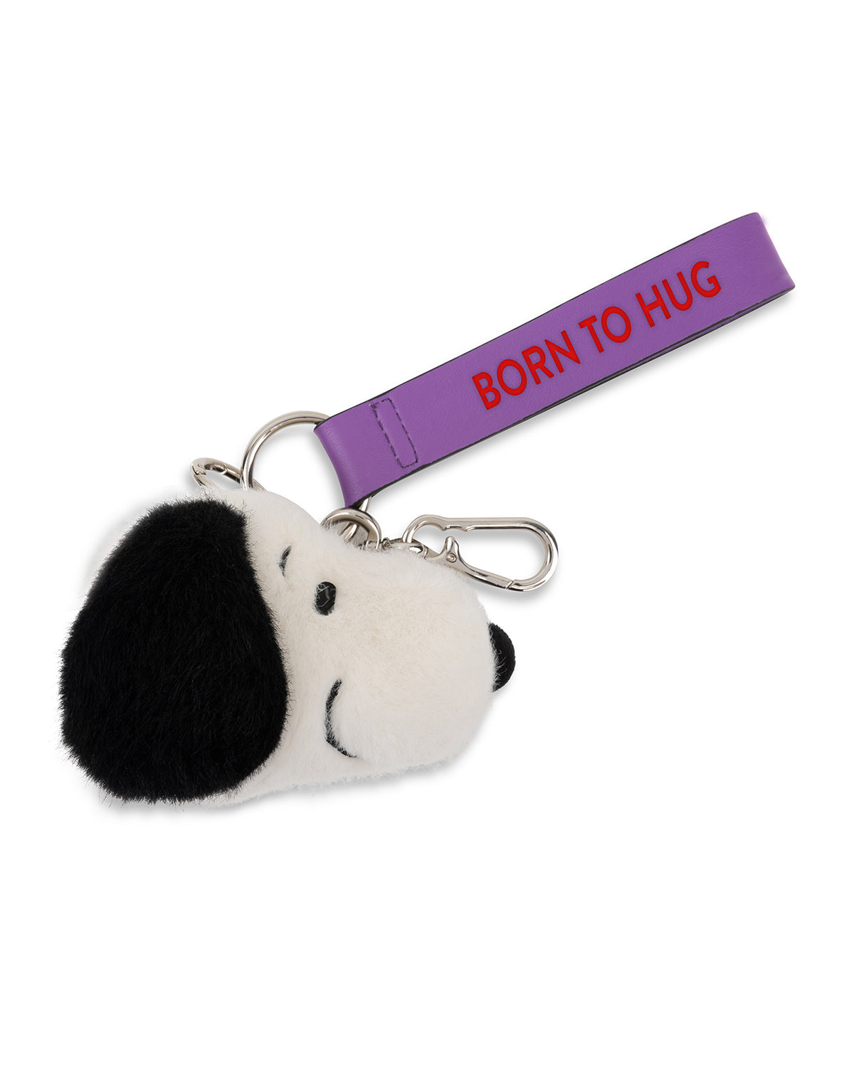 Plush dog-shaped keychain with a purple strap labeled 'Born to Hug' on a white background