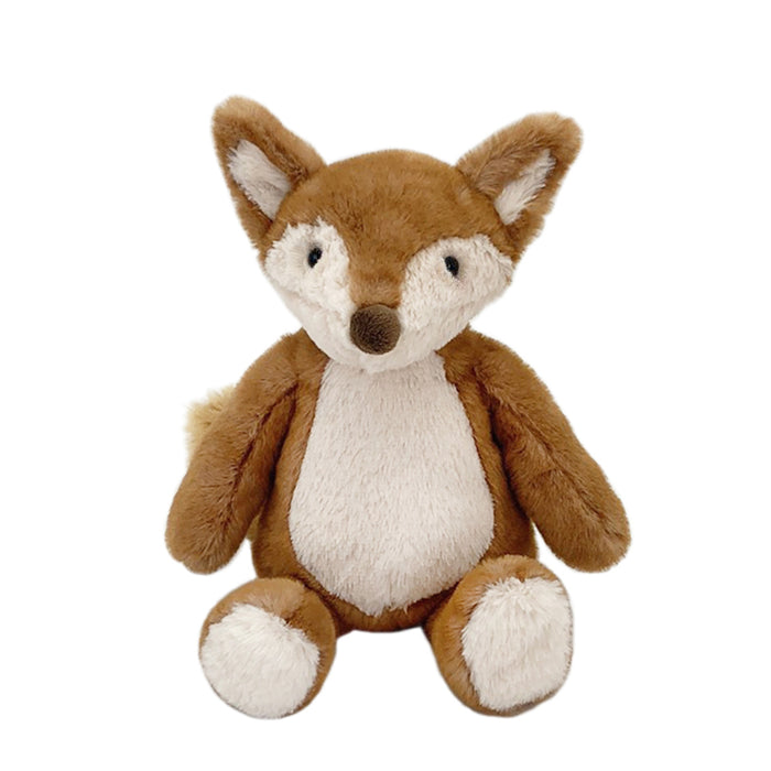 Brown and white plush fox toy sitting.