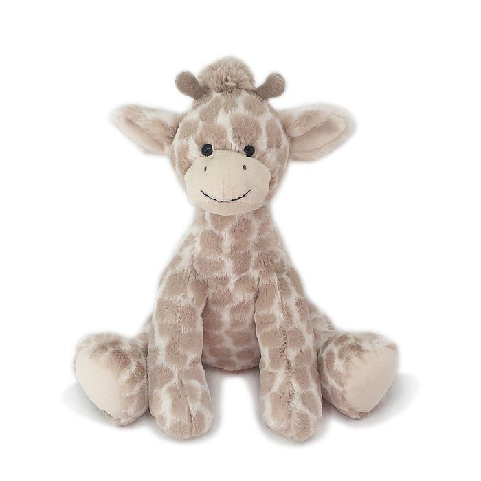 Tan and white stuffed giraffe toy sitting.