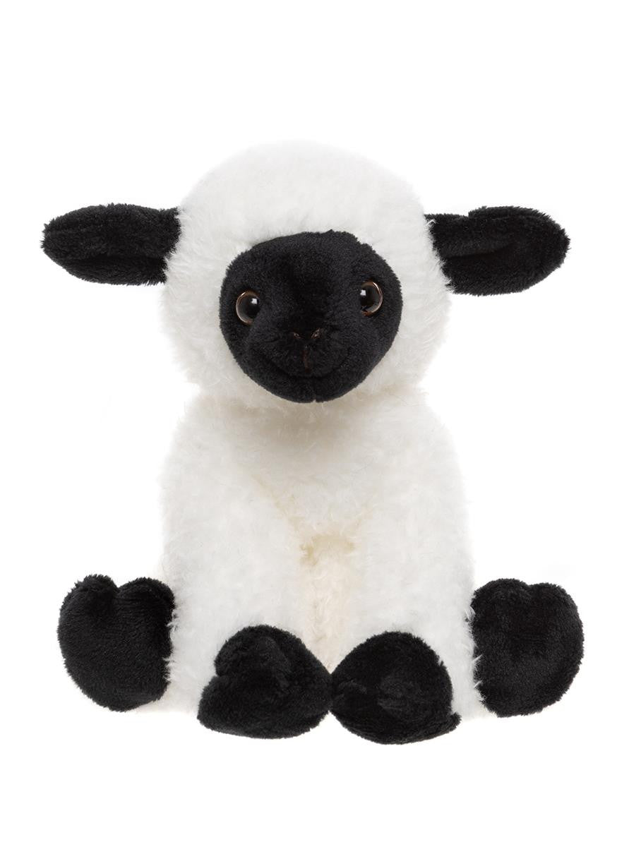 Plush toy sheep with black face and ears on a white background