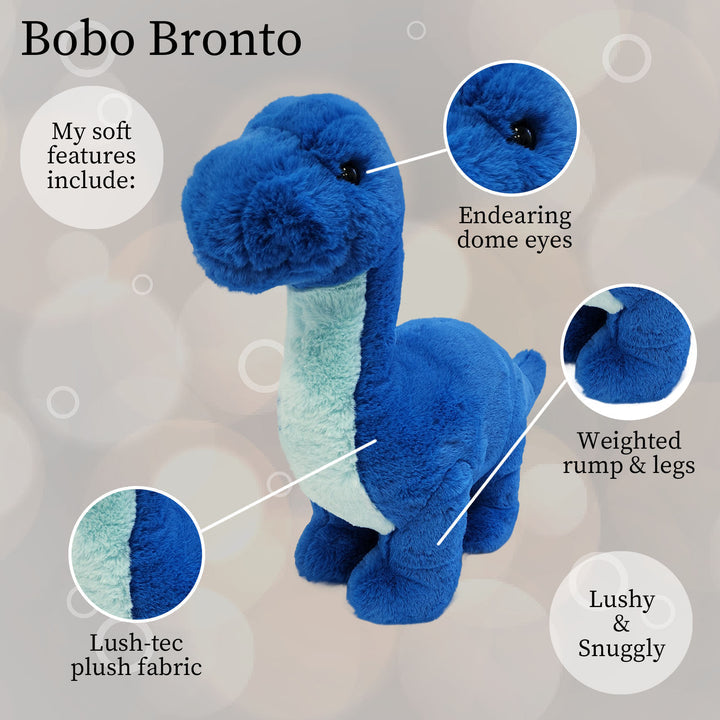 Close-up product shot of a blue plush dinosaur with a light blue stripe on its neck.