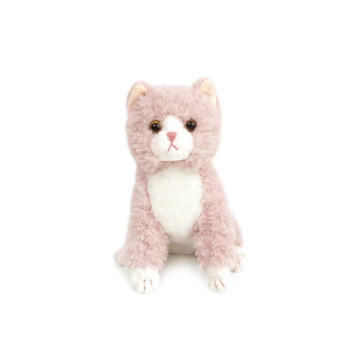 Pink plush cat with white chest.