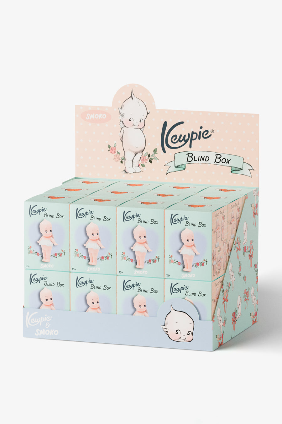 Kewpie set blind box packaging with a pink character on a light blue background