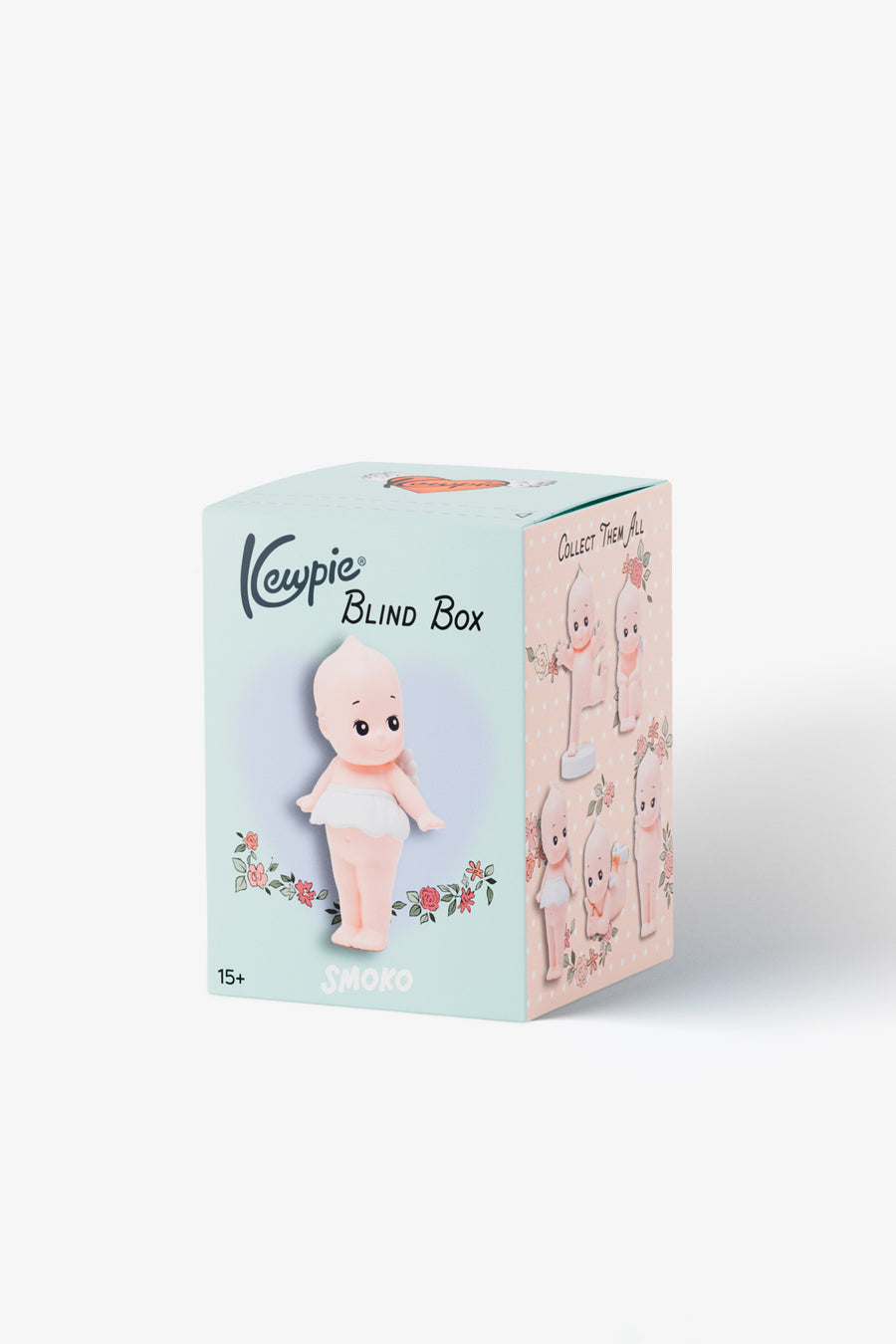 Kewpie blind box packaging with a pink character on a light blue background