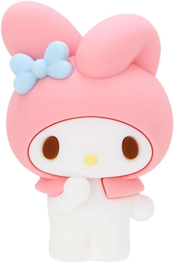 A My Melody figurine with pink hood and a blue bow, standing.