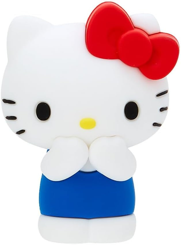 Hello Kitty figure with red bow, black whiskers, blue dress, and hands near face.