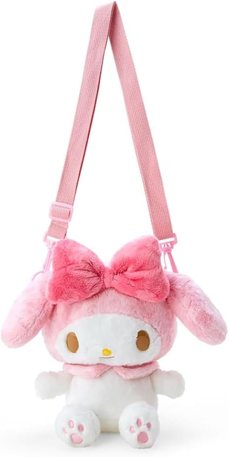 Pink plush purse with strap.