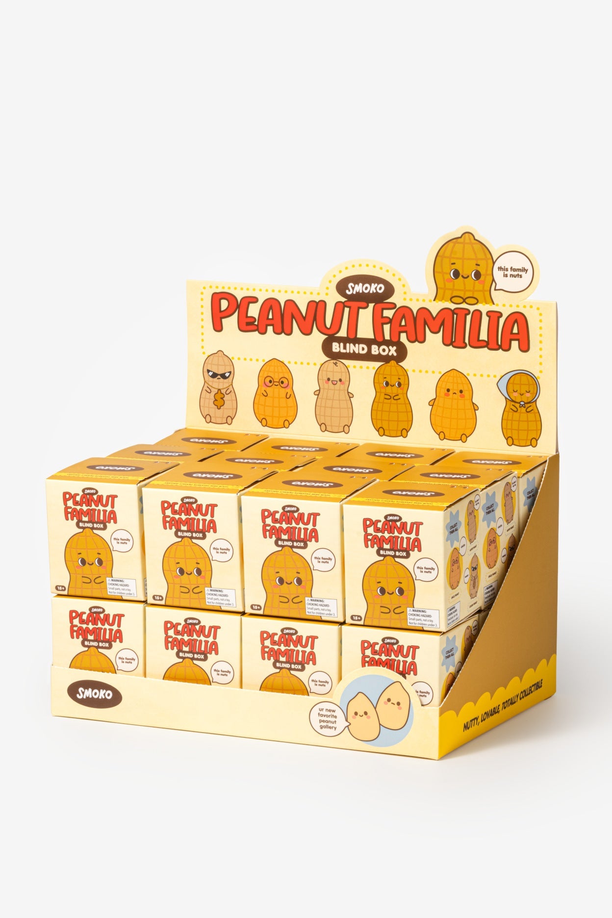 Display of 'Peanut Familia' blind boxes with a white background