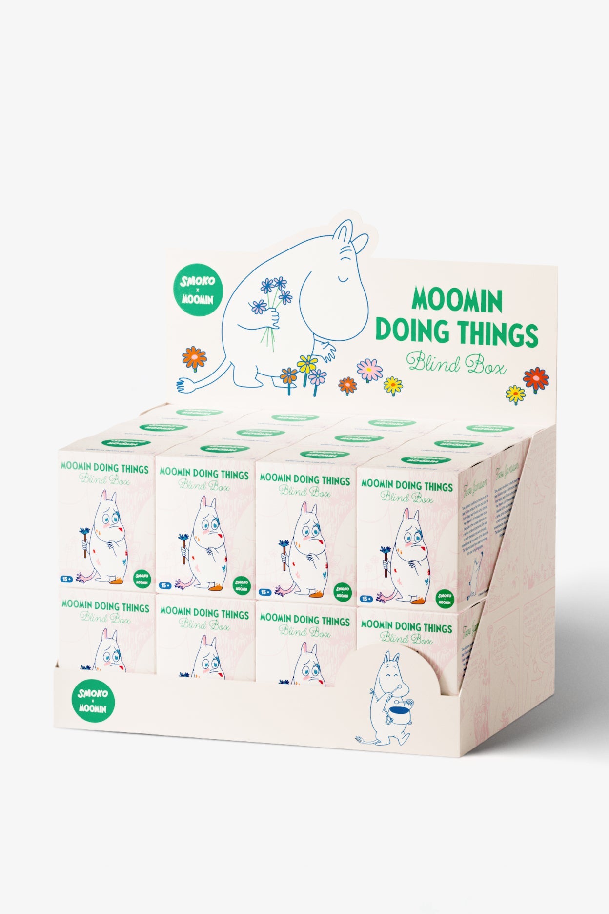 Packaging of Moomin products with cartoon character on a white background