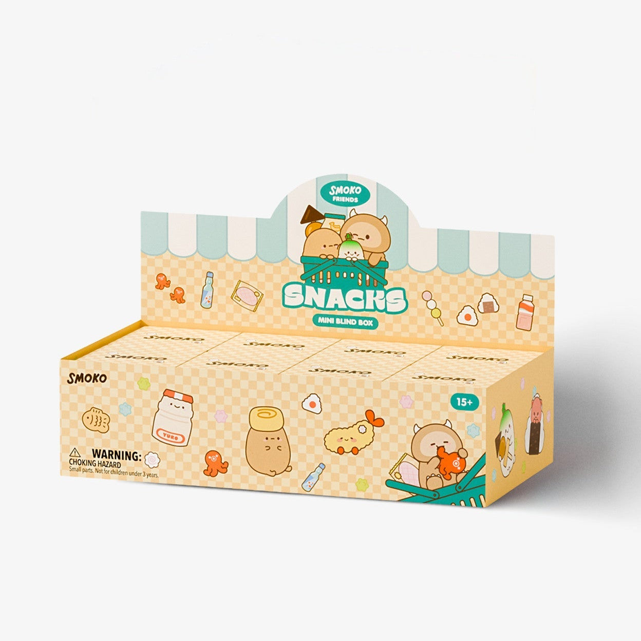 A display box of Snacks with Friends mini rice bags, featuring cute cartoon illustrations of characters and food items on a light beige background, set against a plain white studio backdrop.