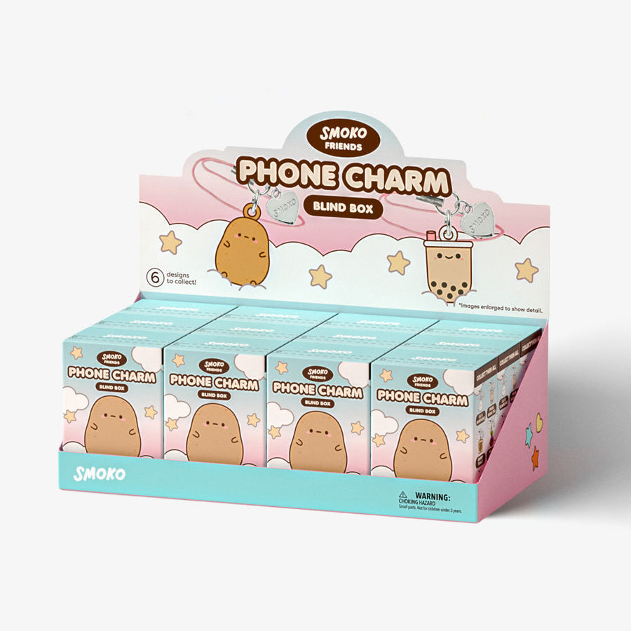 SMOKO Phone Charm Blind Box display pack containing six individual boxes of Phone Charm, featuring cute cartoon characters and pastel colors on a white background.