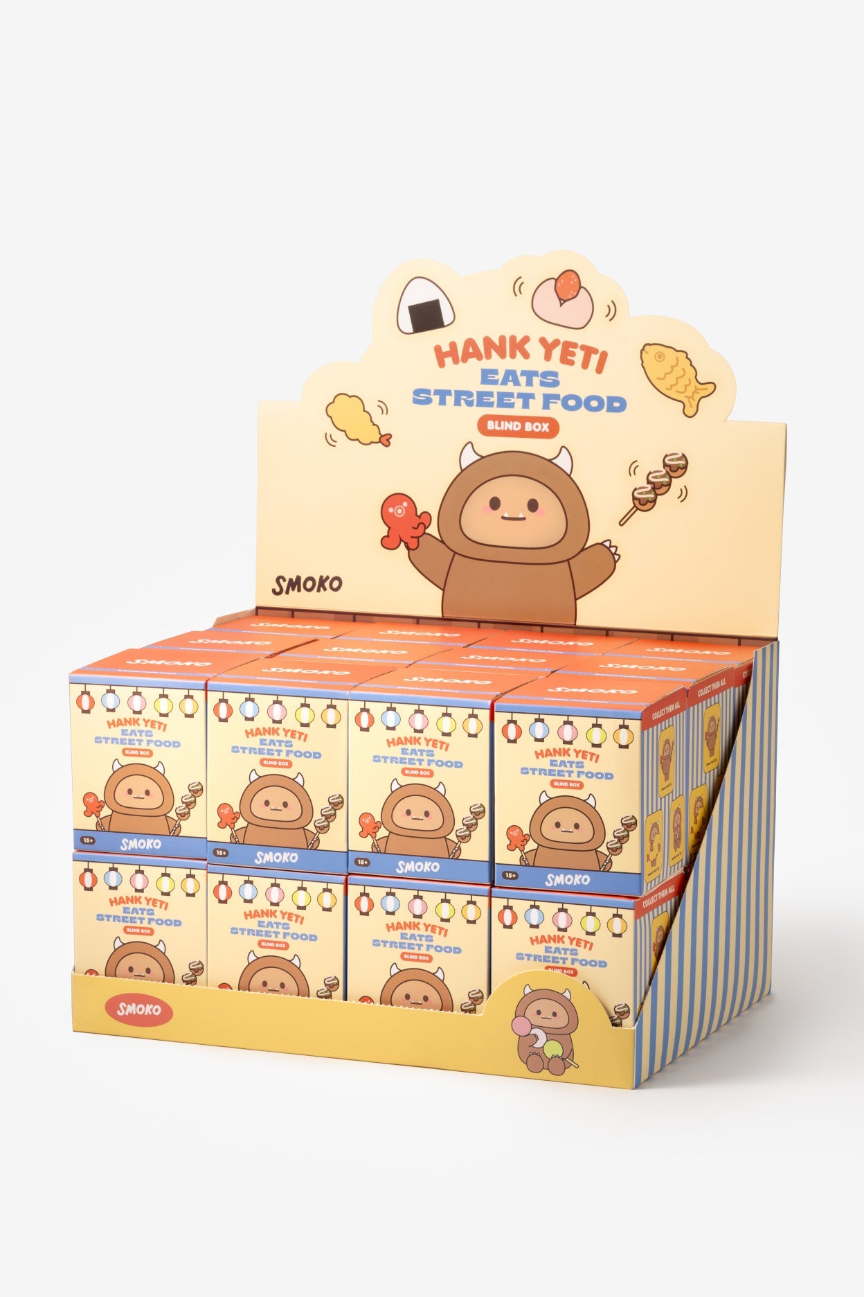Display box of 'Hank Yeti Eats Street Food' by Smoko with cartoon character on a white background