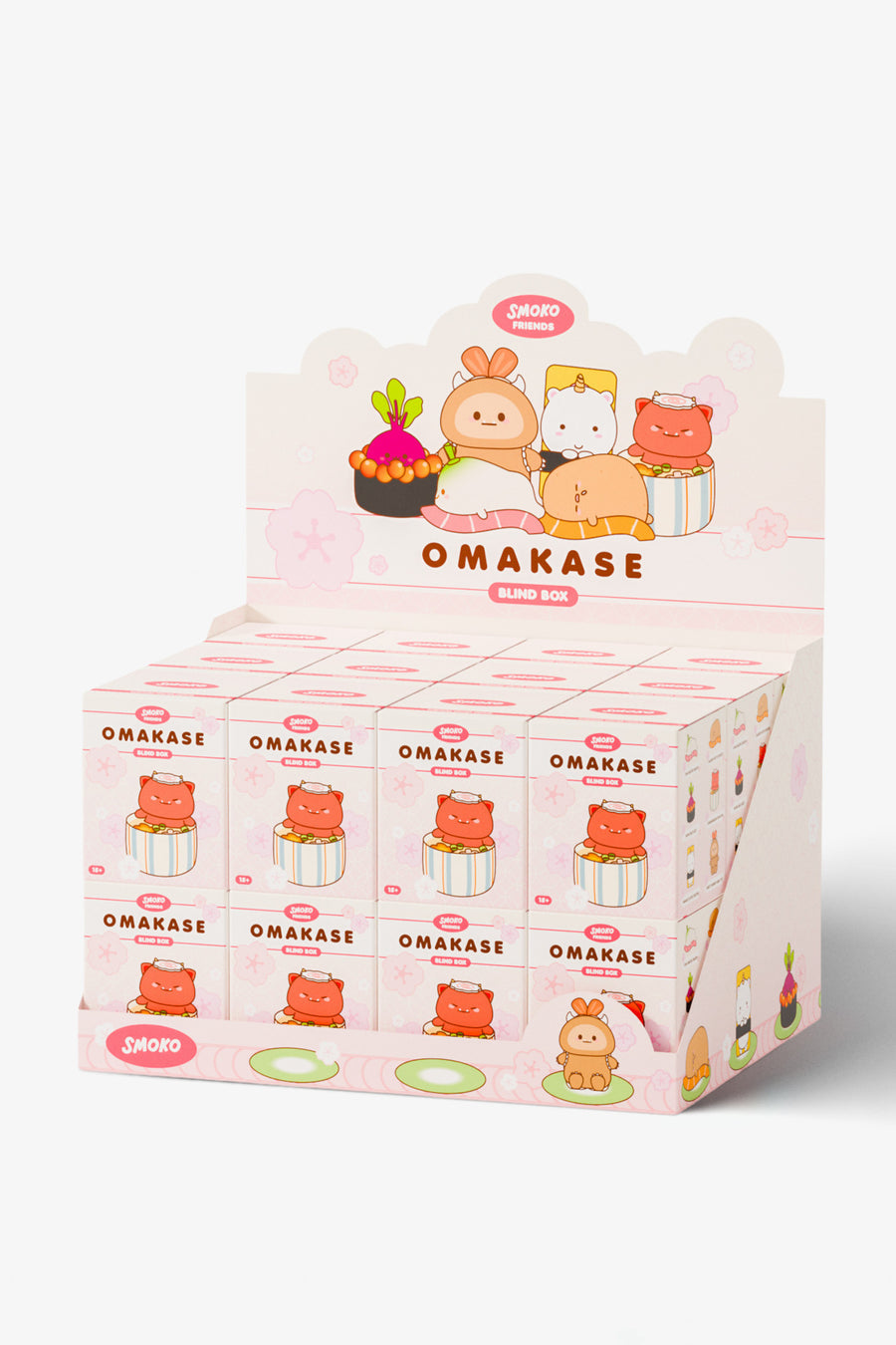 A retail display box filled with small Omakase blind box packages, decorated with cute pastel illustrations of characters and food items on a clean white background.