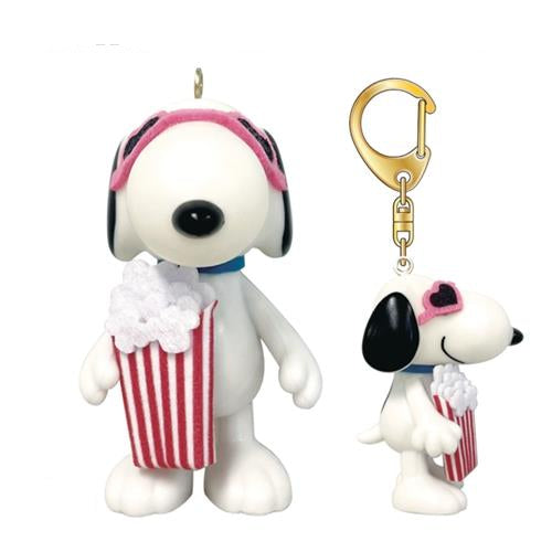 Snoopy ornaments: Snoopy figure with popcorn and ornament loop, Snoopy keychain with sunglasses and popcorn.