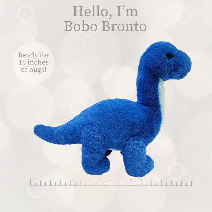 Blue plush dinosaur toy, measuring 16 inches.