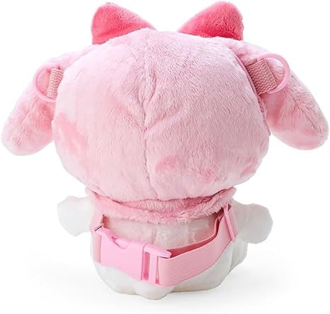 Rear view of a pink plush backpack with bunny ears and a pink elastic strap.