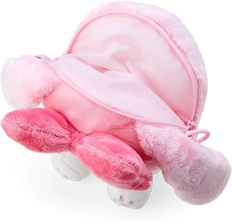 Open, plush, pink turtle backpack.