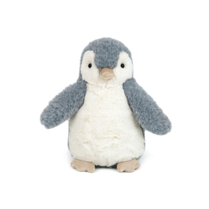 Stuffed penguin toy with gray back and white belly.