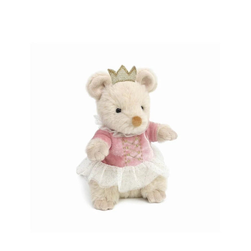 Stuffed mouse wearing pink dress and crown.