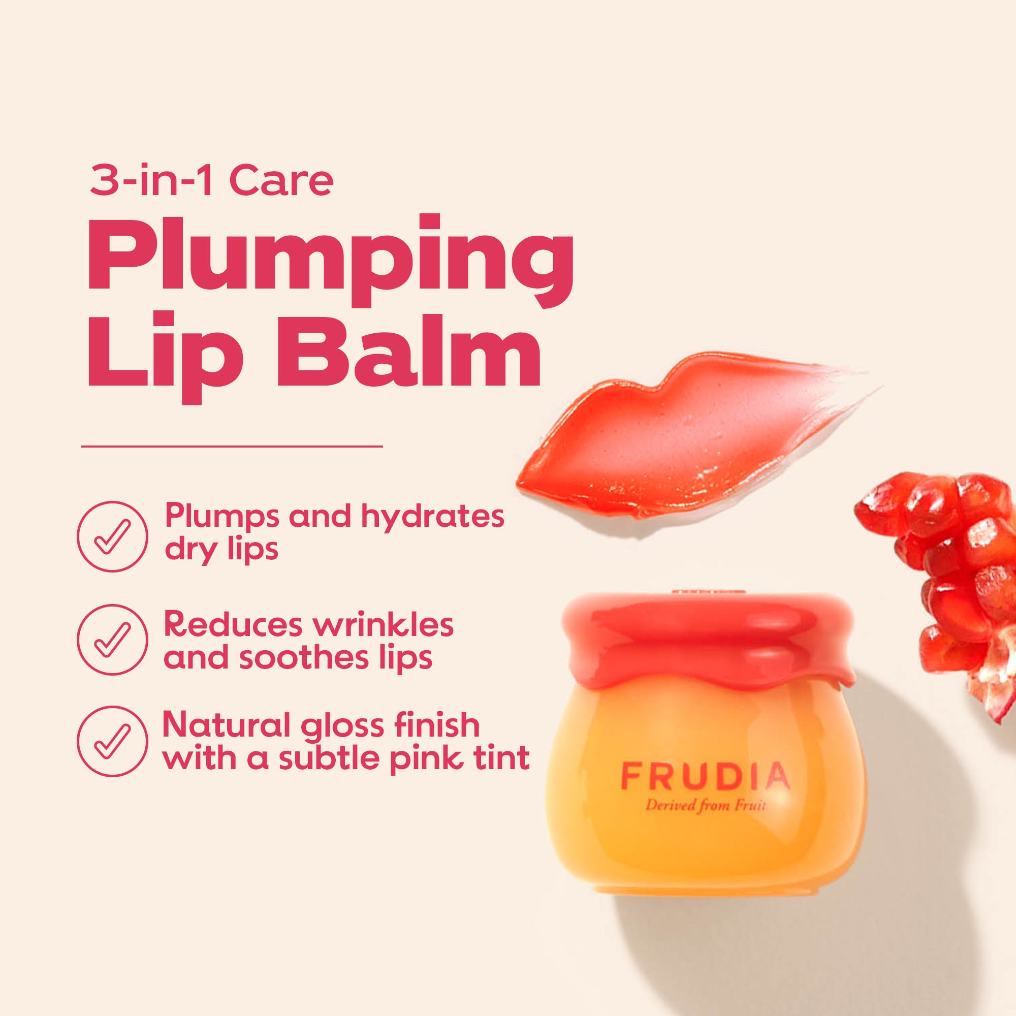 Product image of Frudia "Plumping Lip Balm" with pomegranate next to it, along with text on its features.